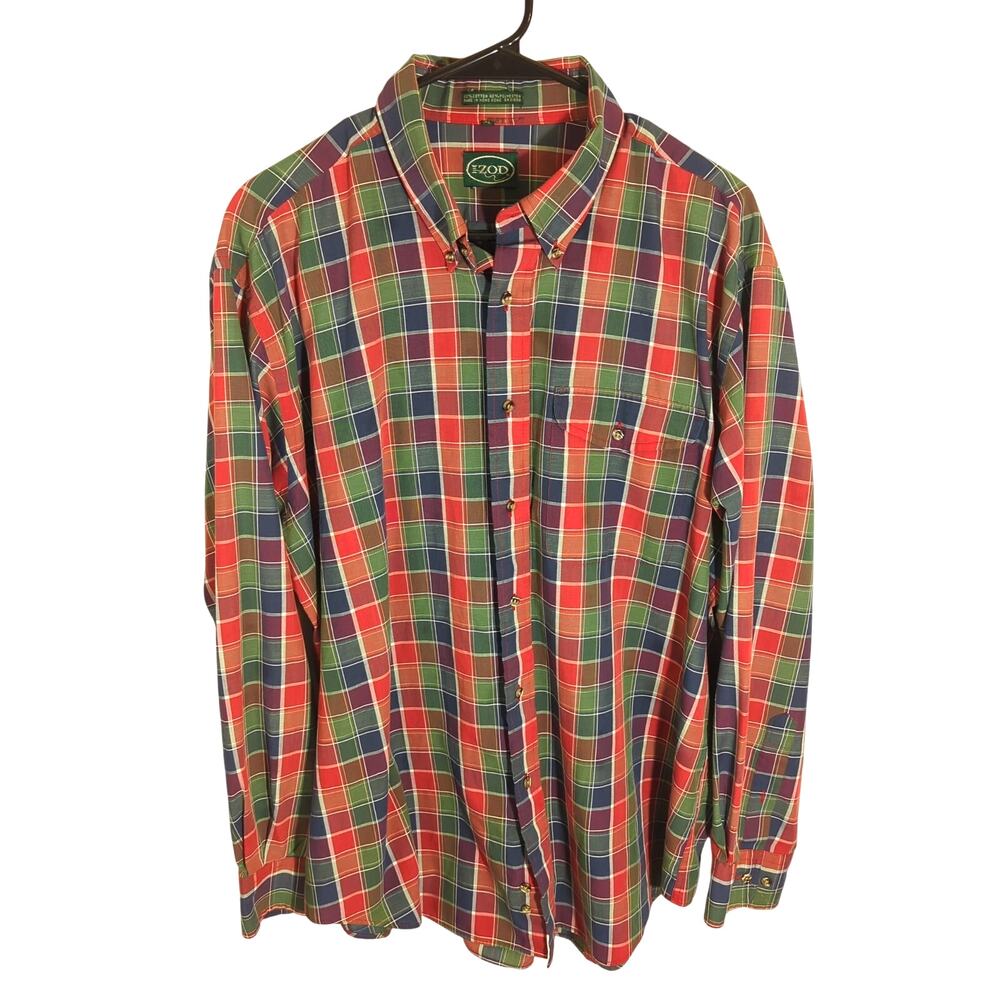 Izod XL Plaid Button Down Shirt Men’s Long Sleeve Red Green Blue Cotton VTG